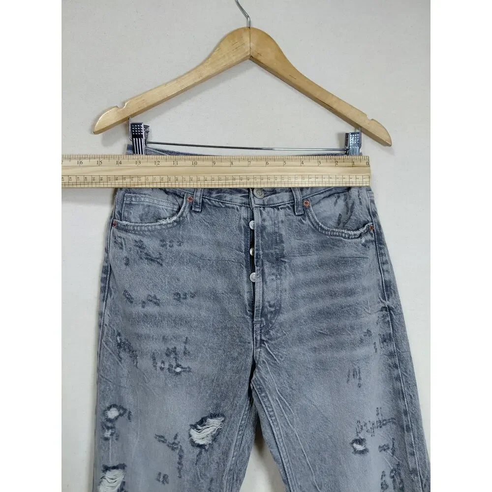Zara Gray Acid Wash Distressed Button Fly Straight Leg Jeans Women Size 2